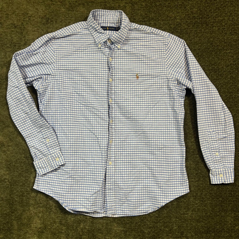 Ralph Lauren Button Down Shirt Mens XL Blue Gingham Plaid Long Sleeve Pony Logo